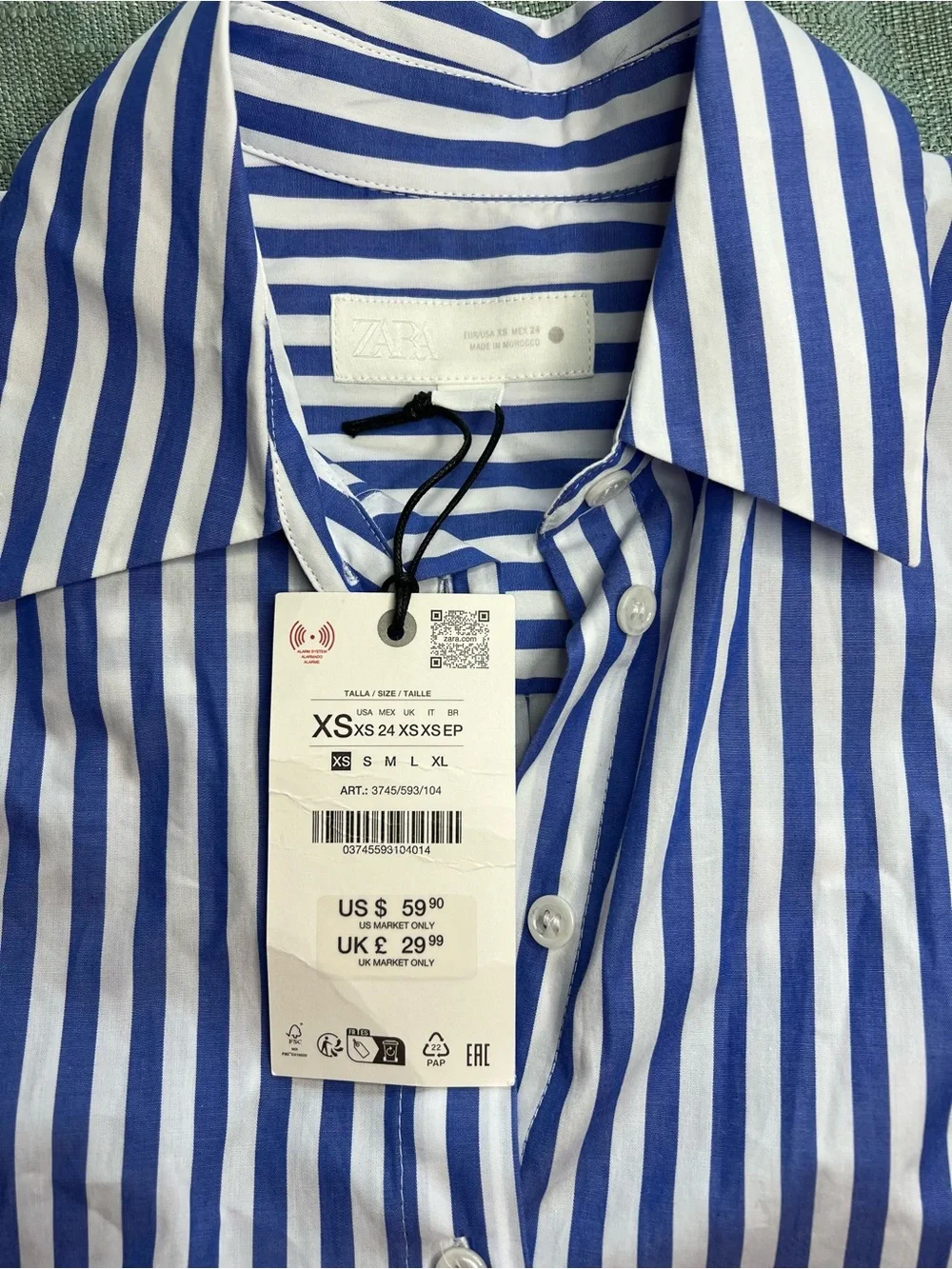 Zara Poplin Balloon Sleeve Shirt Blue and White Stripes XS NWT